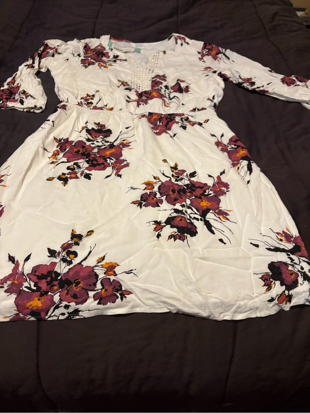 Market & Spruce Crochet-Trim White Long-Sleeve Floral Button-Front Dress